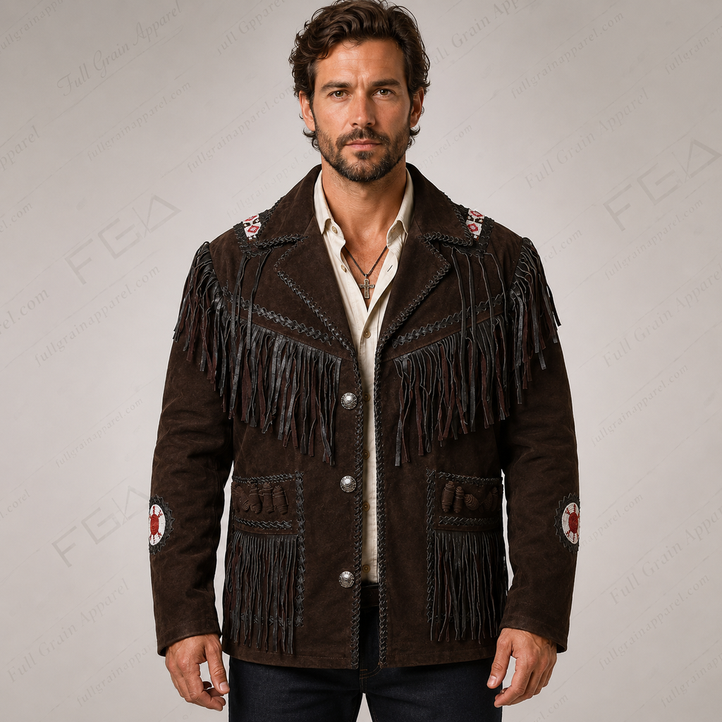 Chaqueta de cuero vintage con flecos para hombre | Vaquero del Oeste | Prenda de piel de plena flor