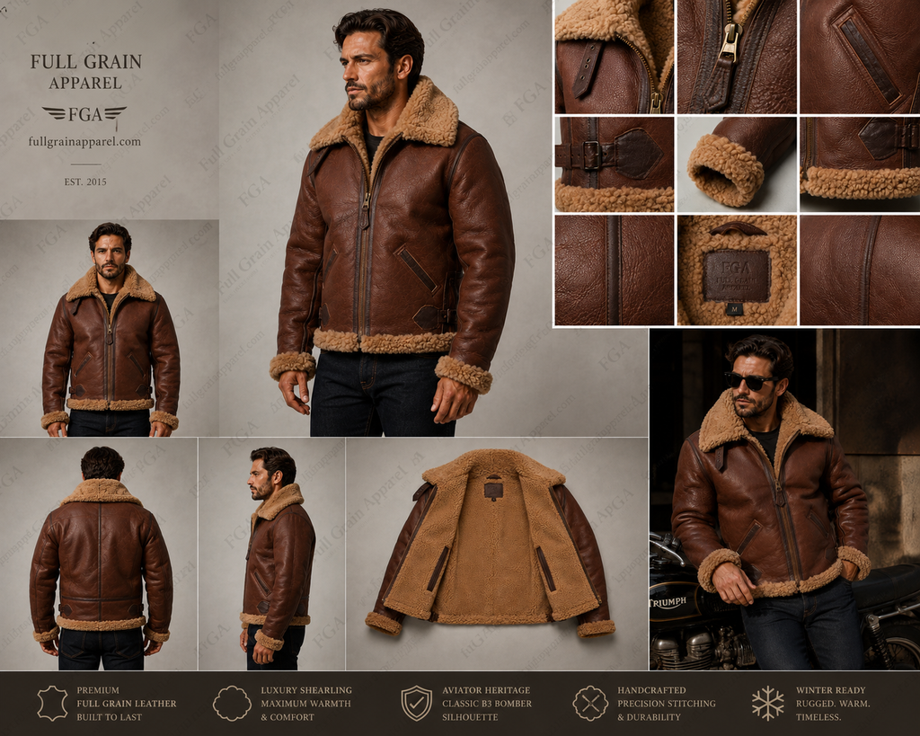 Chaqueta Aviador Bombardero de Piel de Oveja Marrón para Hombre | Vuelo B3 | Prendas de Piel de Grano Completo
