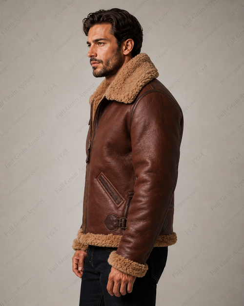 Men's Brown Shearling Aviator Bomber Jacket | B3 Flight | Full Grain Apparel
