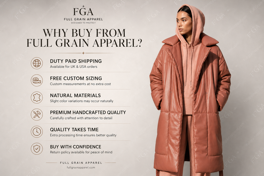 Women’s Oversized Leather Puffer Coat | Hooded Winter Jacket | Full Grain Apparel