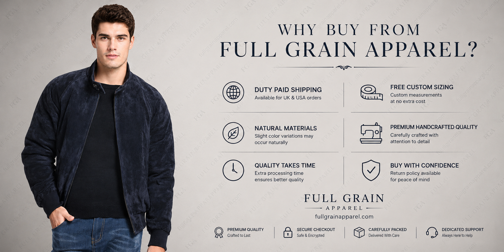 Men’s Navy Suede Bomber Jacket | Luxury Zip-Up | Full Grain Apparel