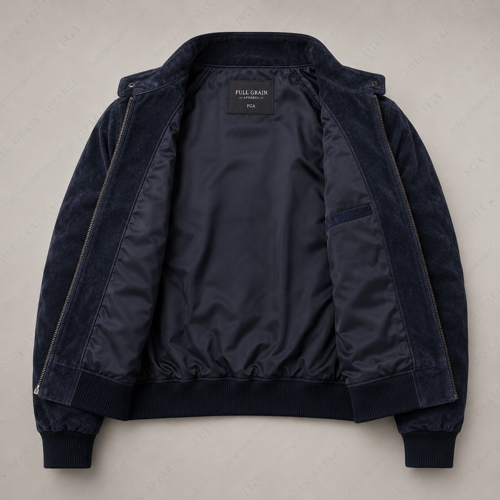 Men’s Navy Suede Bomber Jacket | Luxury Zip-Up | Full Grain Apparel