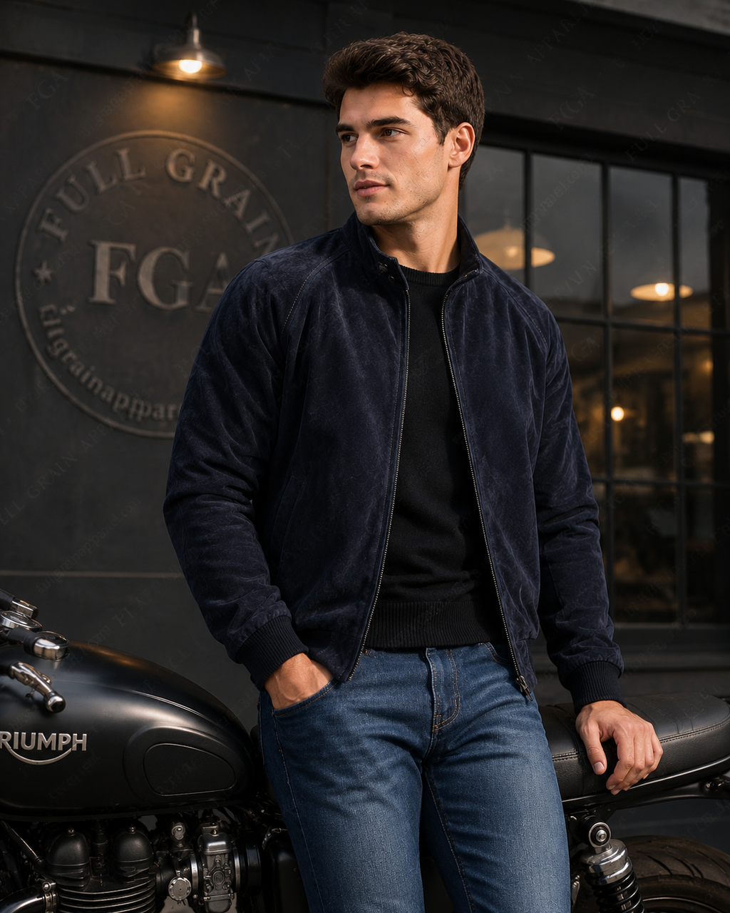 Men’s Navy Suede Bomber Jacket | Luxury Zip-Up | Full Grain Apparel