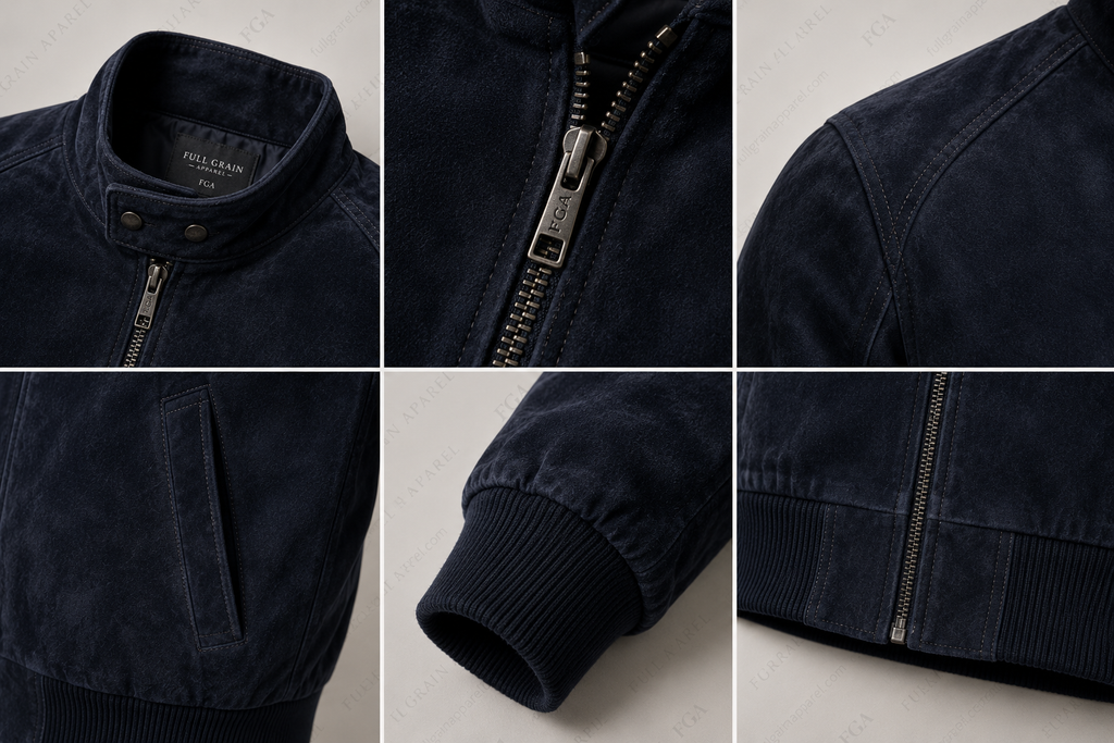 Men’s Navy Suede Bomber Jacket | Luxury Zip-Up | Full Grain Apparel