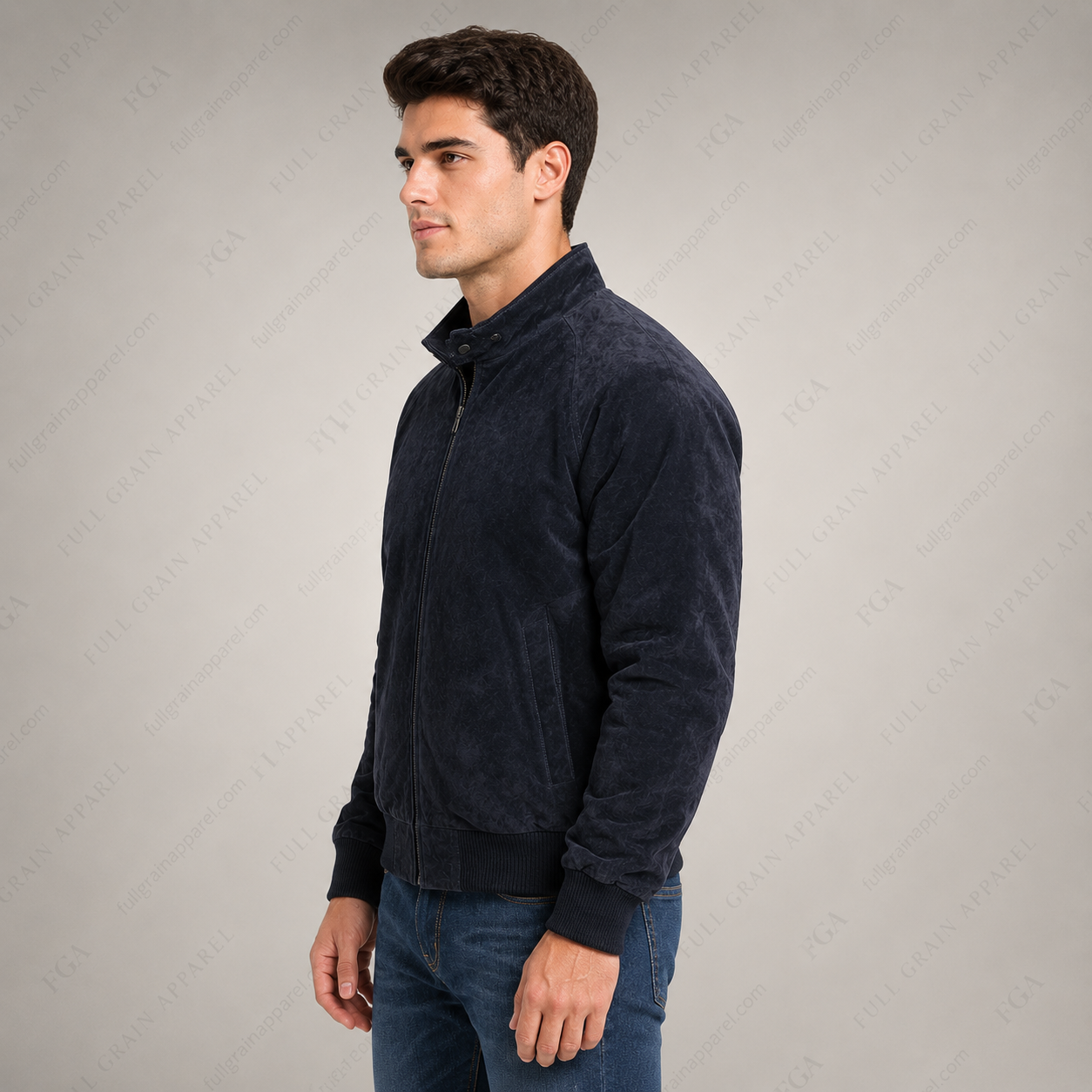 Men’s Navy Suede Bomber Jacket | Luxury Zip-Up | Full Grain Apparel