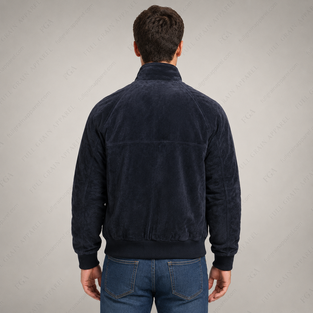 Men’s Navy Suede Bomber Jacket | Luxury Zip-Up | Full Grain Apparel