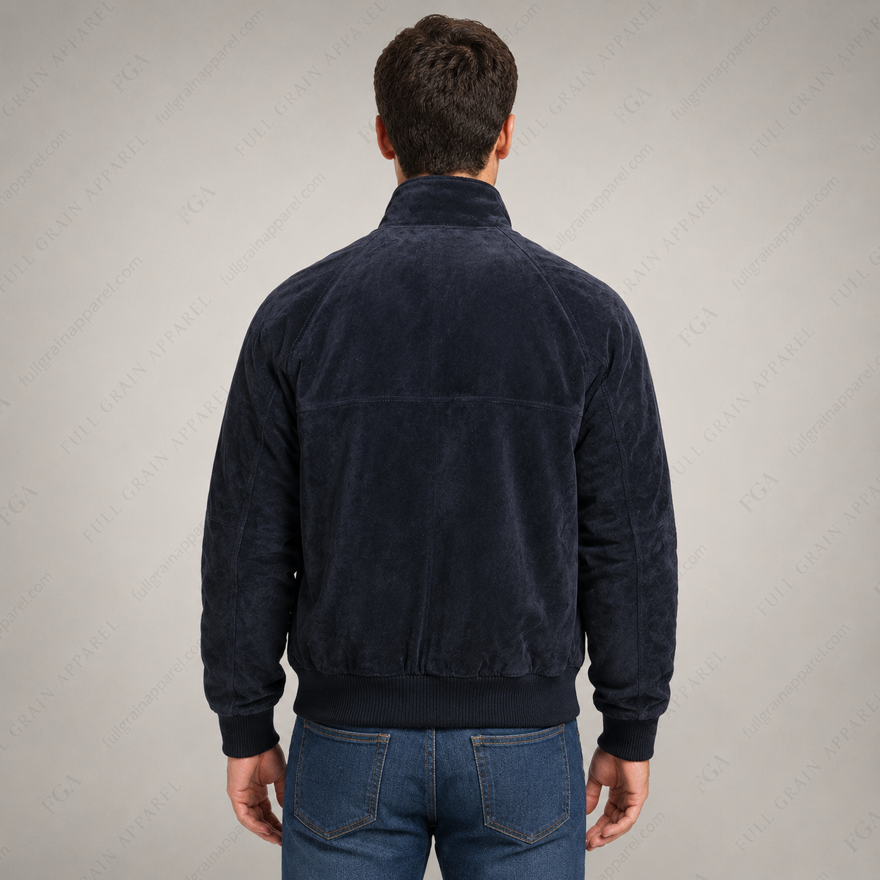 Men’s Navy Suede Bomber Jacket | Luxury Zip-Up | Full Grain Apparel