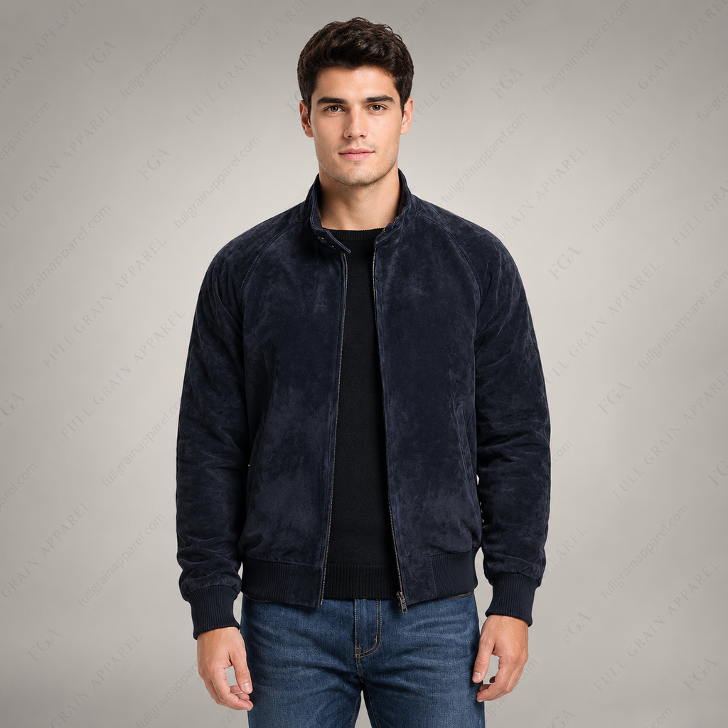 Men’s Navy Suede Bomber Jacket | Luxury Zip-Up | Full Grain Apparel