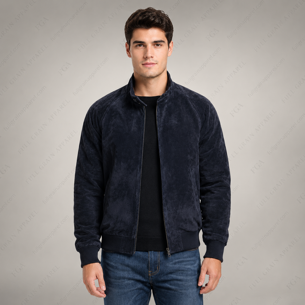 Men’s Navy Suede Bomber Jacket | Luxury Zip-Up | Full Grain Apparel