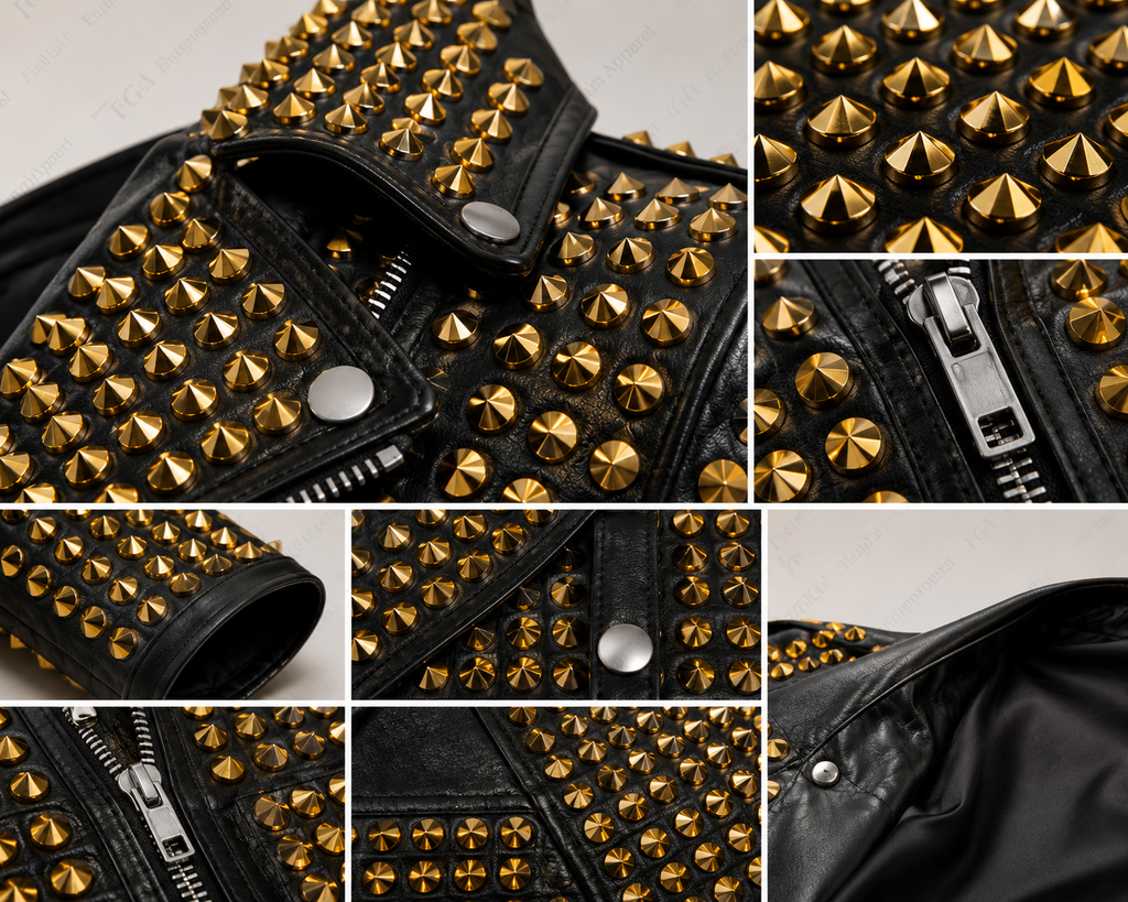 Chaqueta de motociclista de cuero tachonada dorada para mujer | Estilo punk | Prenda de grano completo