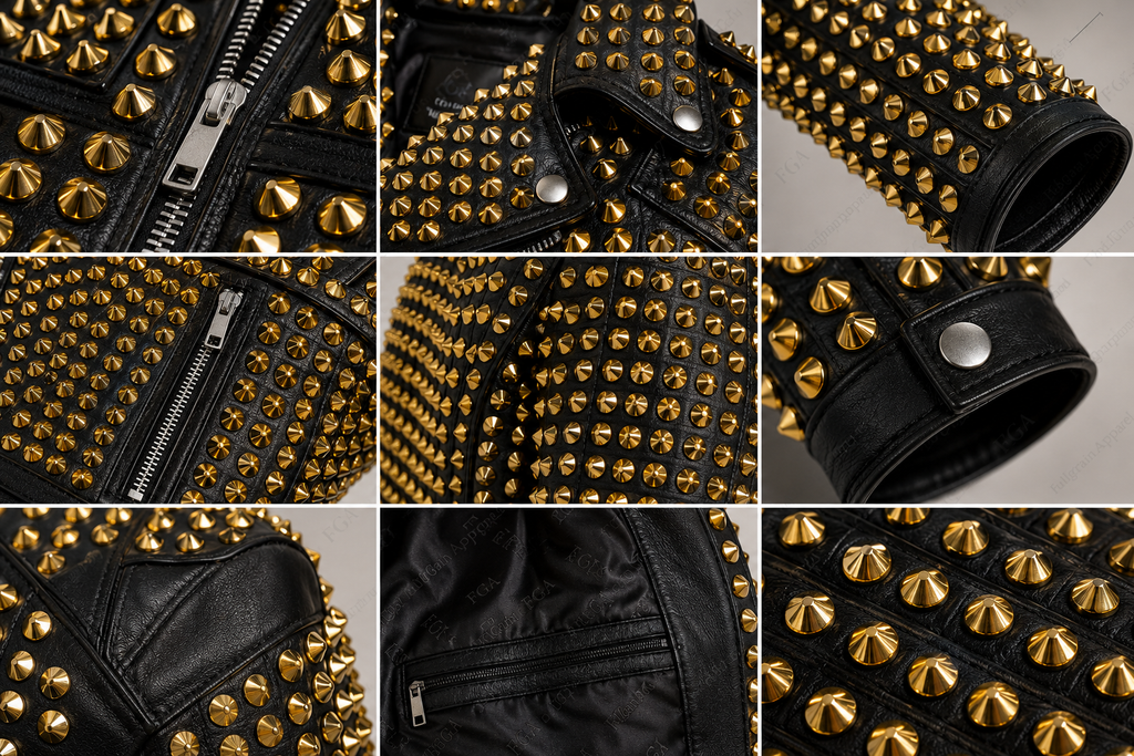 Chaqueta de motociclista de cuero tachonada dorada para mujer | Estilo punk | Prenda de grano completo