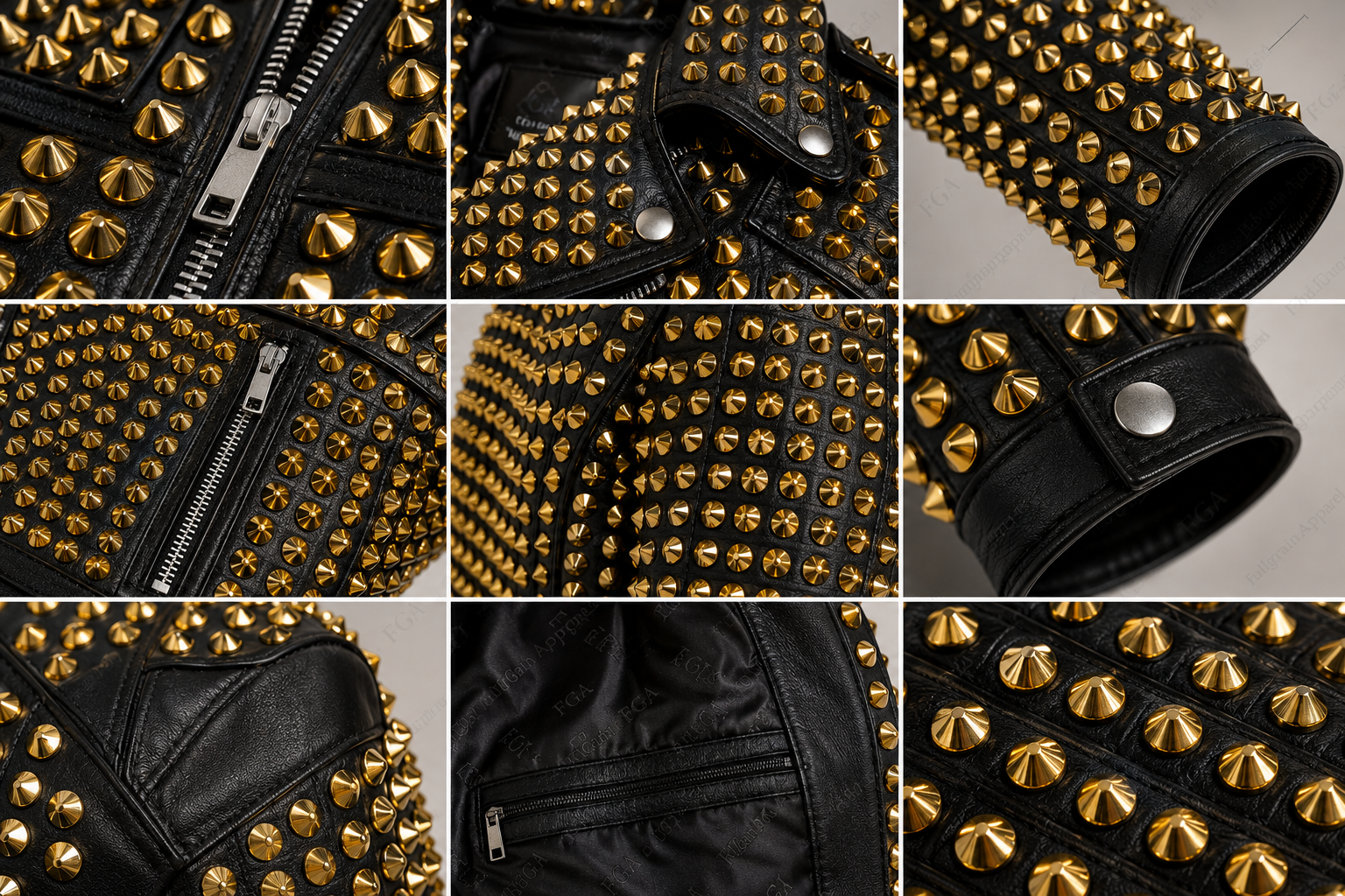 Chaqueta de motociclista de cuero tachonada dorada para mujer | Estilo punk | Prenda de grano completo