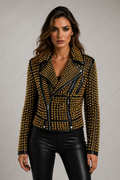 Chaqueta de motociclista de cuero tachonada dorada para mujer | Estilo punk | Prenda de grano completo
