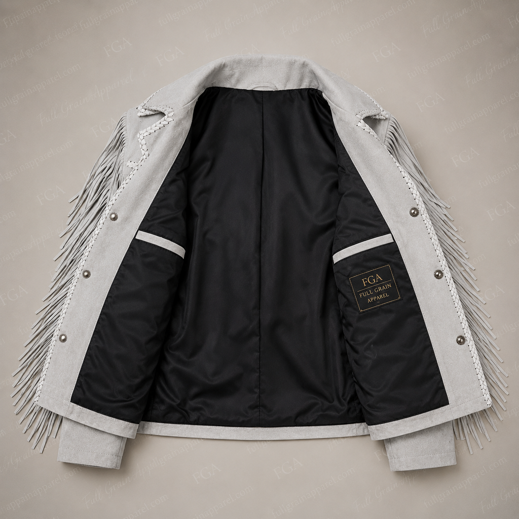 Men’s White Western Fringe Suede Jacket Cowboy Style Full Grain Apparel