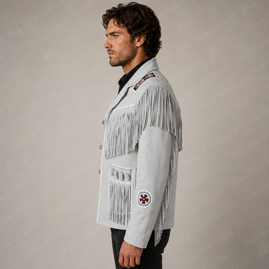Men’s White Western Fringe Suede Jacket Cowboy Style Full Grain Apparel