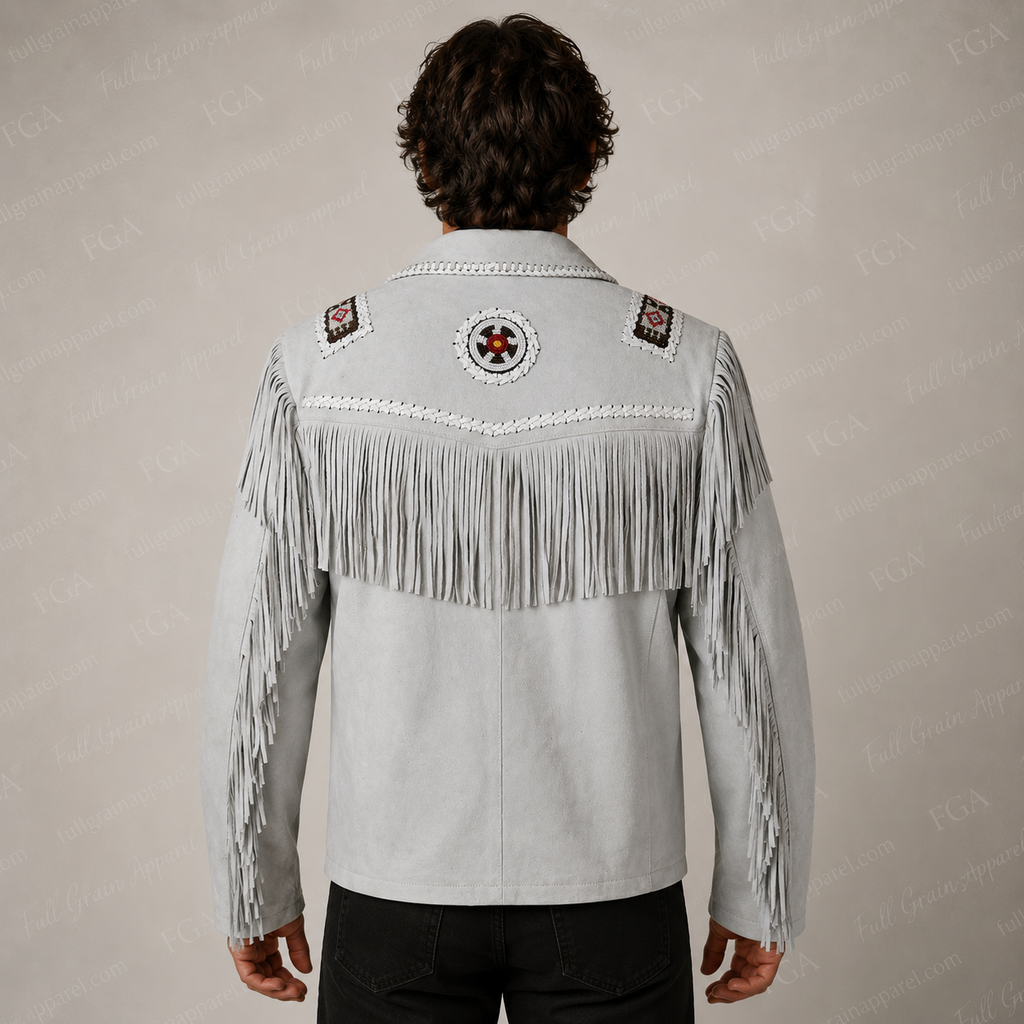 Men’s White Western Fringe Suede Jacket Cowboy Style Full Grain Apparel