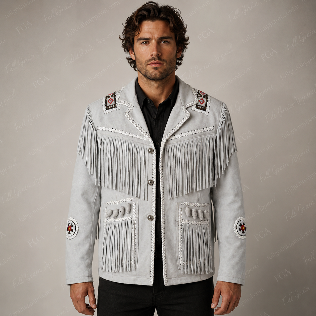 Men’s White Western Fringe Suede Jacket Cowboy Style Full Grain Apparel