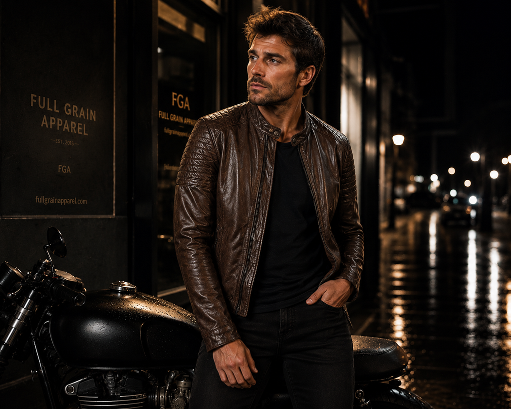 Men’s Brown Vintage Biker Leather Jacket Cafe Racer Full Grain Apparel