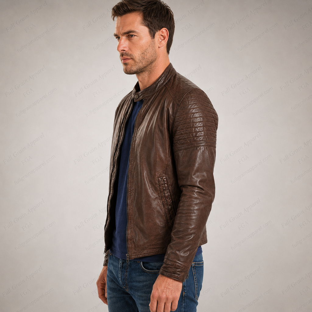 Men’s Brown Vintage Biker Leather Jacket Cafe Racer Full Grain Apparel