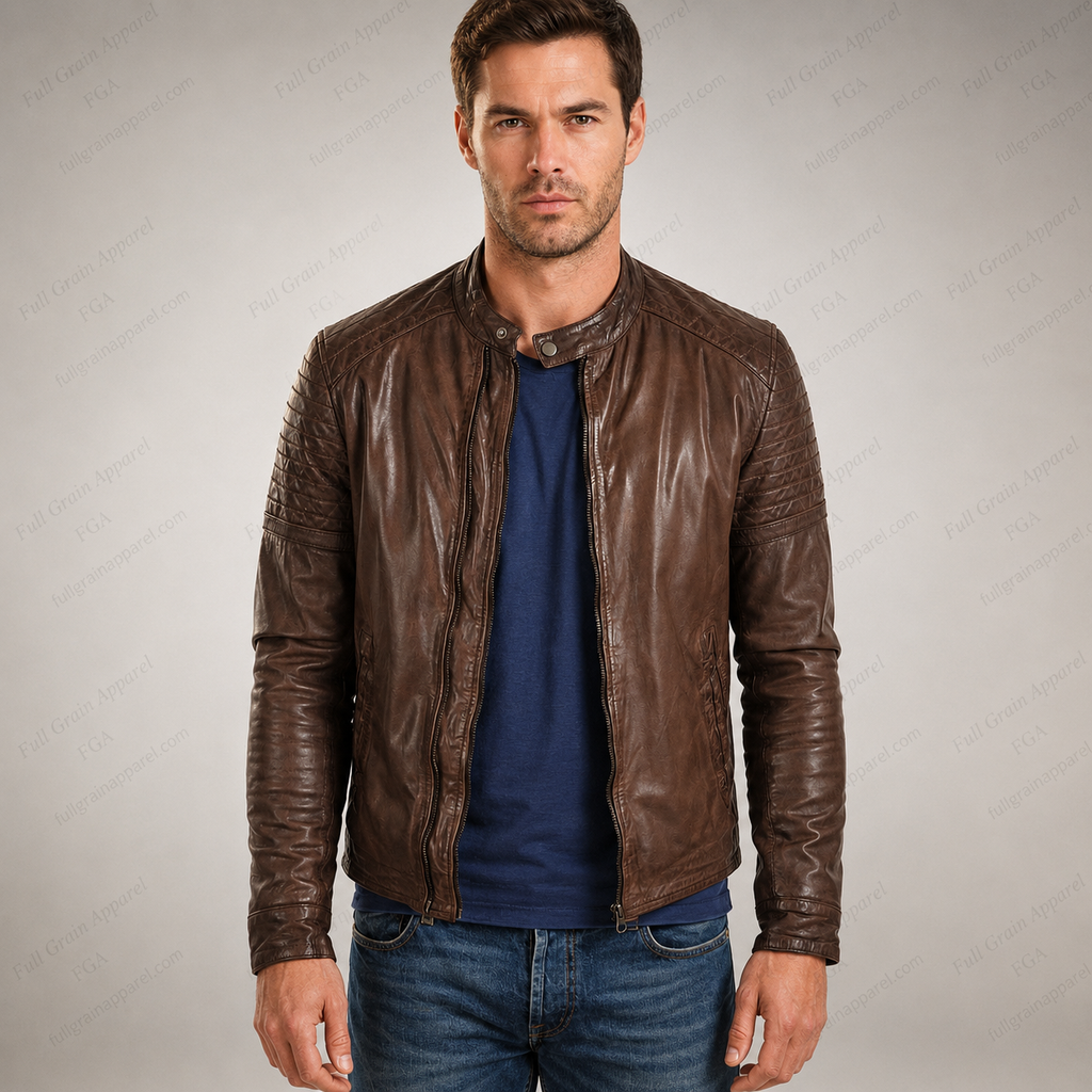 Men’s Brown Vintage Biker Leather Jacket Cafe Racer Full Grain Apparel