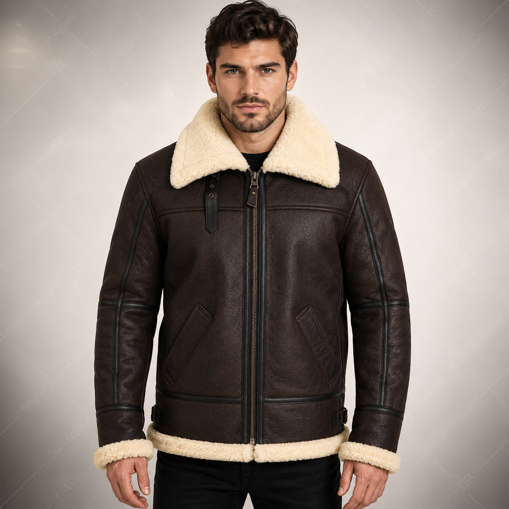Men’s Brown Shearling Aviator Jacket | B3 Bomber | Full Grain Apparel