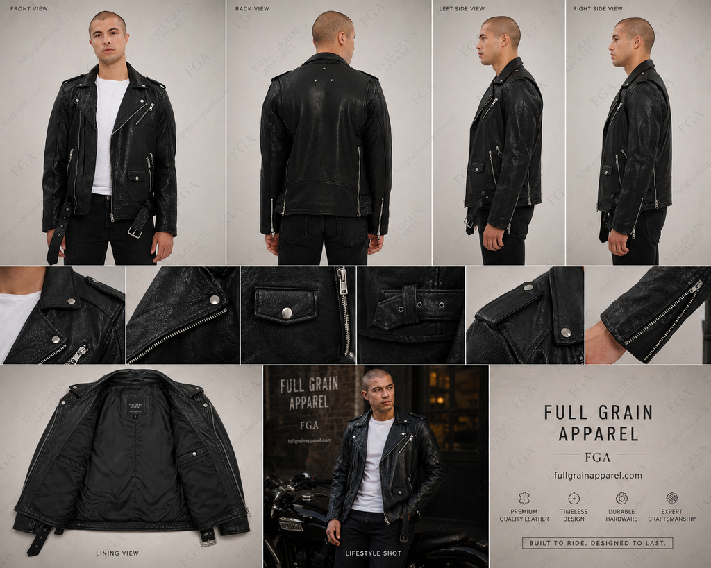 Chaqueta de cuero de motociclista negra para hombre | Moto clásica | Prenda de piel de plena flor