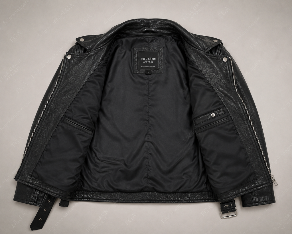 Chaqueta de cuero de motociclista negra para hombre | Moto clásica | Prenda de piel de plena flor