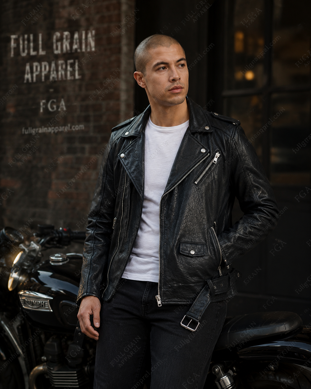 Chaqueta de cuero de motociclista negra para hombre | Moto clásica | Prenda de piel de plena flor