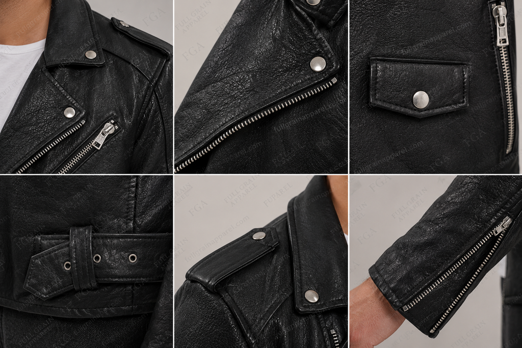 Chaqueta de cuero de motociclista negra para hombre | Moto clásica | Prenda de piel de plena flor