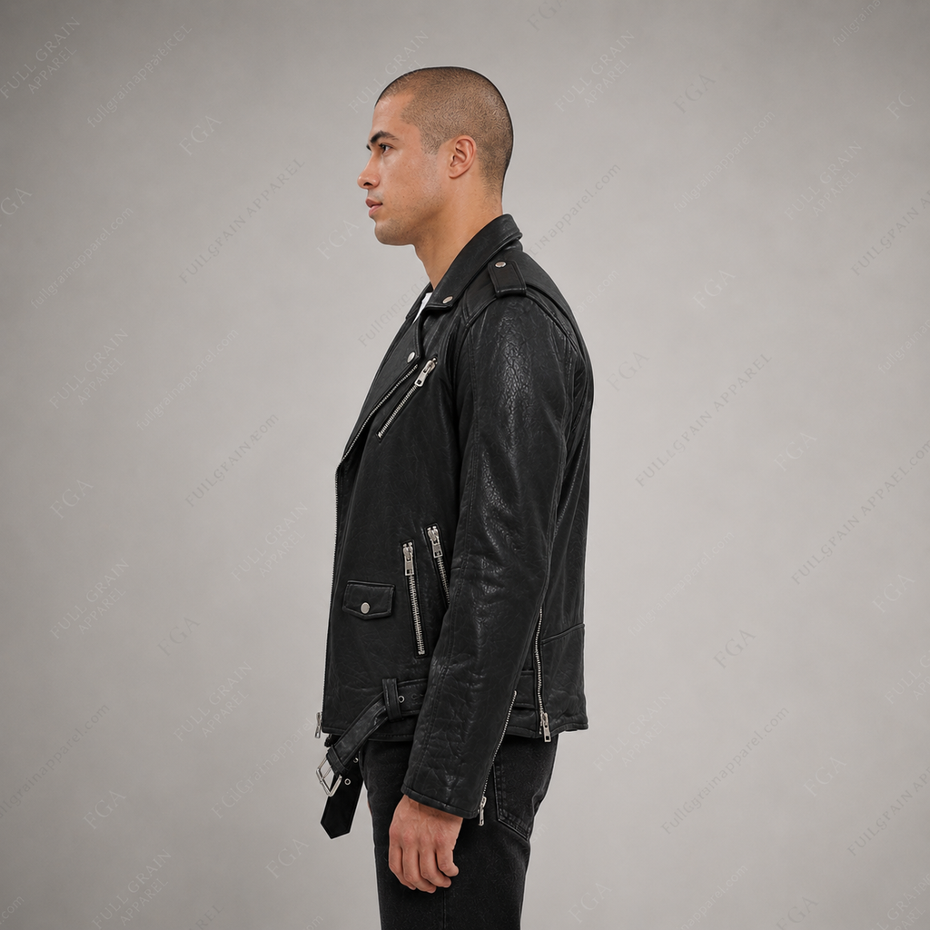 Chaqueta de cuero de motociclista negra para hombre | Moto clásica | Prenda de piel de plena flor