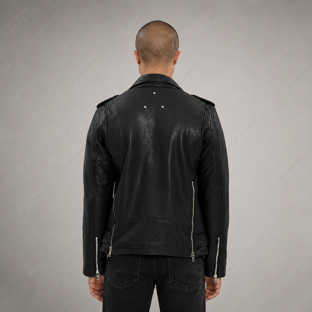 Chaqueta de cuero de motociclista negra para hombre | Moto clásica | Prenda de piel de plena flor