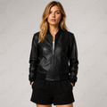 Chaqueta bomber de cuero negra para mujer Estilo minimalista Ropa de piel plena flor