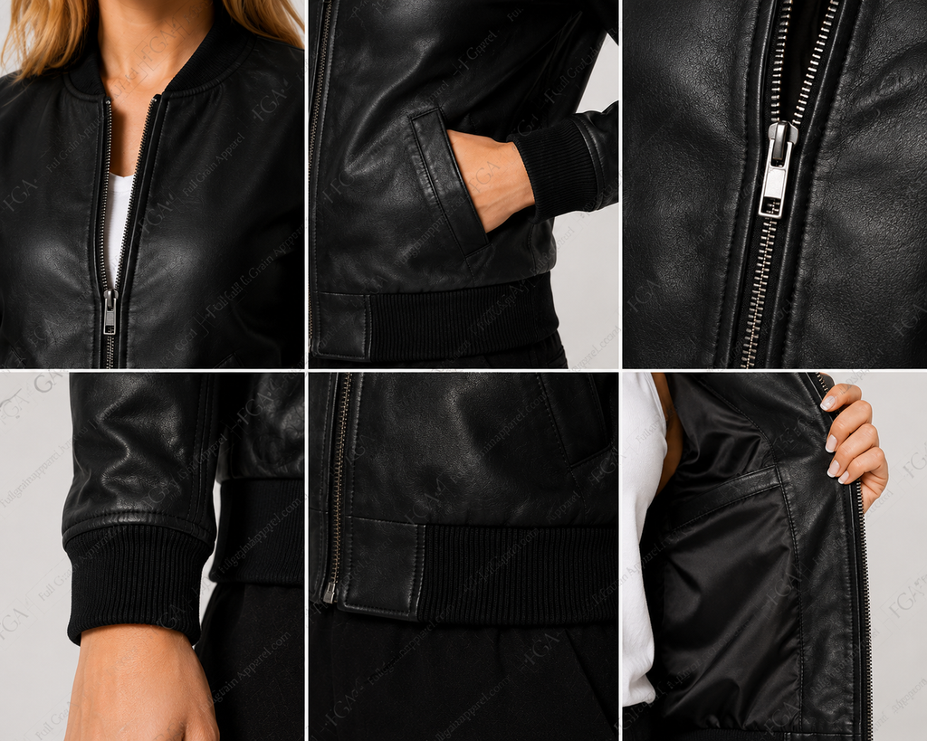 Chaqueta bomber de cuero negra para mujer Estilo minimalista Ropa de piel plena flor