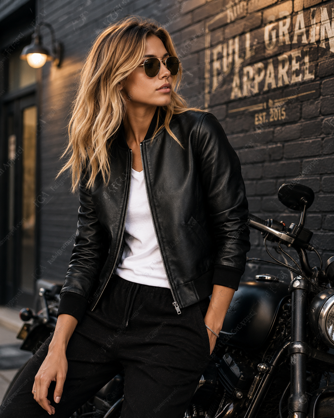 Chaqueta bomber de cuero negra para mujer Estilo minimalista Ropa de piel plena flor