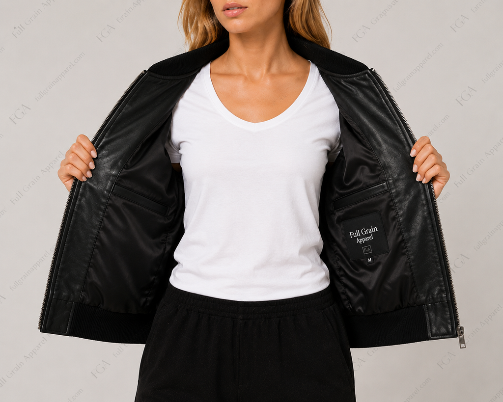 Chaqueta bomber de cuero negra para mujer Estilo minimalista Ropa de piel plena flor