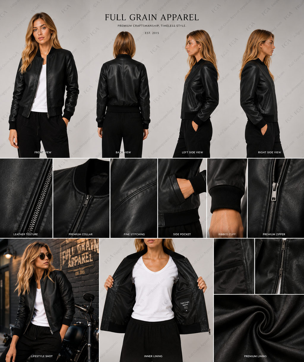 Chaqueta bomber de cuero negra para mujer Estilo minimalista Ropa de piel plena flor