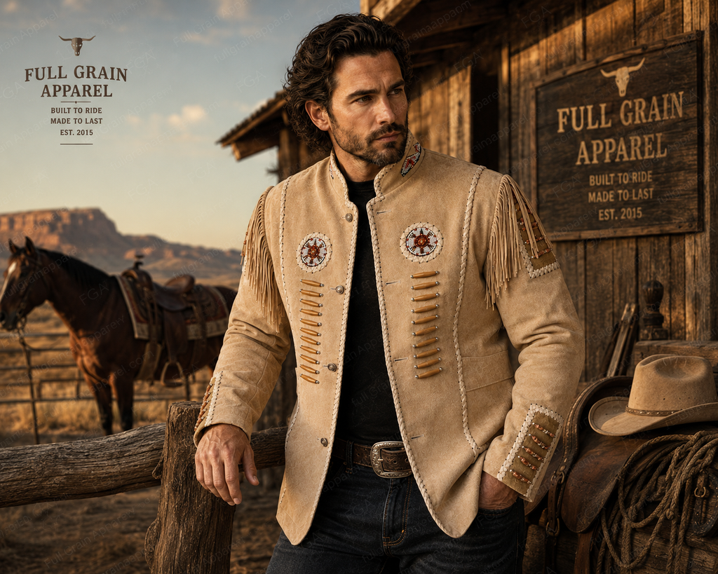 Men’s Western Fringe Suede Jacket Native Cowboy Style Full Grain Apparel
