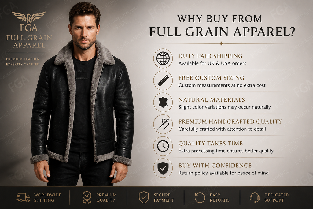 Men’s Black Shearling Aviator Jacket  B3 Bomber Full Grain Apparel