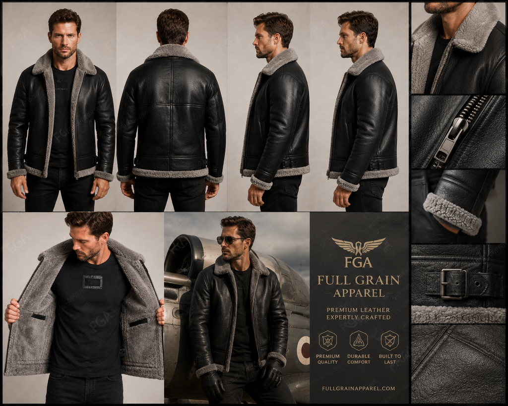 Men’s Black Shearling Aviator Jacket  B3 Bomber Full Grain Apparel