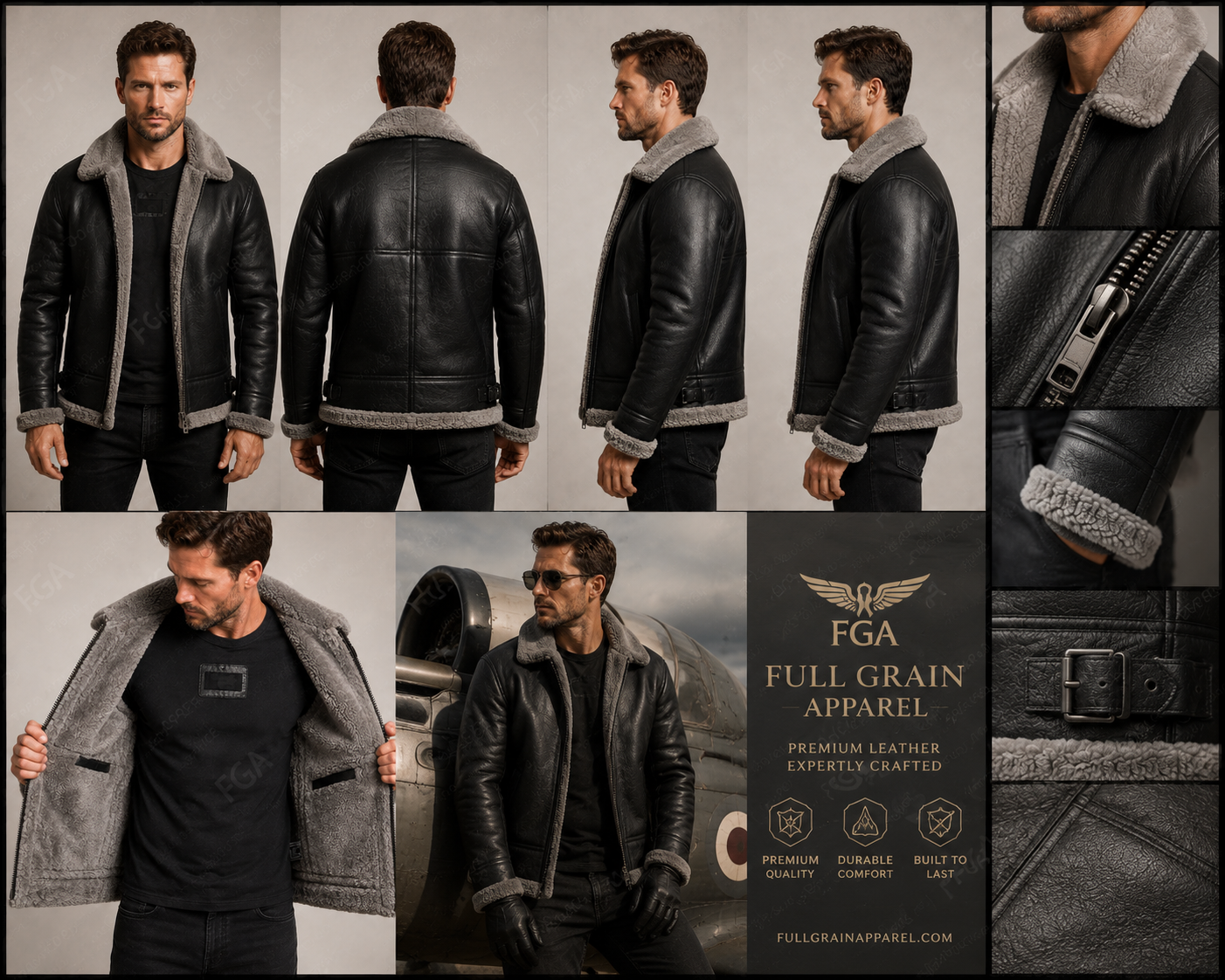 Men’s Black Shearling Aviator Jacket  B3 Bomber Full Grain Apparel