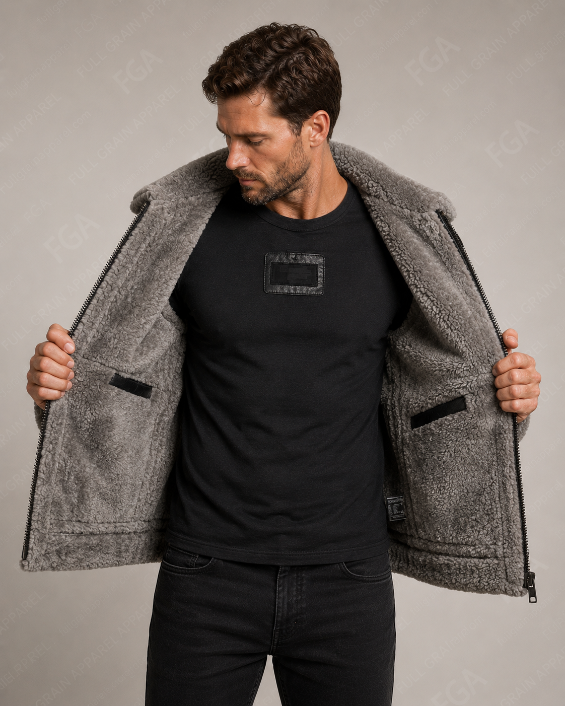 Men’s Black Shearling Aviator Jacket  B3 Bomber Full Grain Apparel