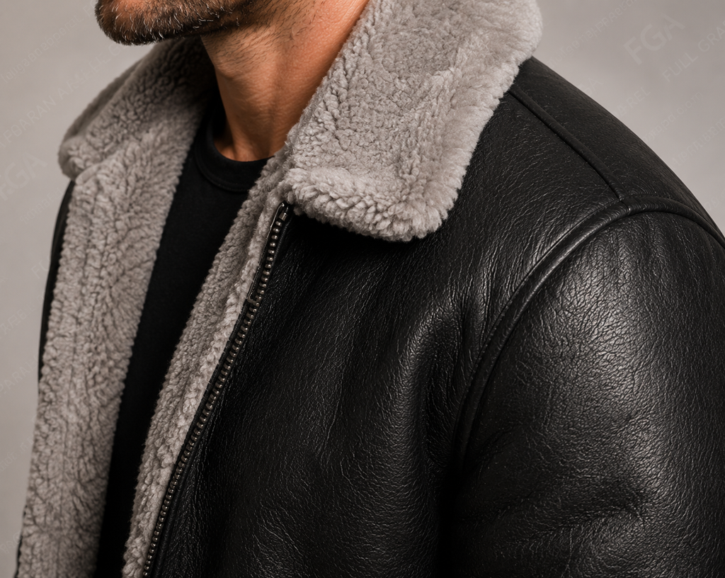 Men’s Black Shearling Aviator Jacket  B3 Bomber Full Grain Apparel