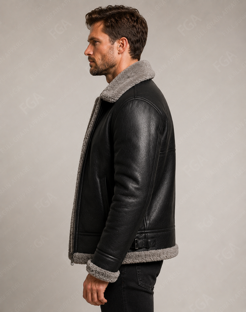 Men's Black B3 Sheepskin Shearling Bomber Jacket - left side view