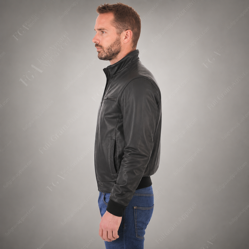 Men’s Black Cafe Racer Leather Jacket Minimal Moto Full Grain Apparel