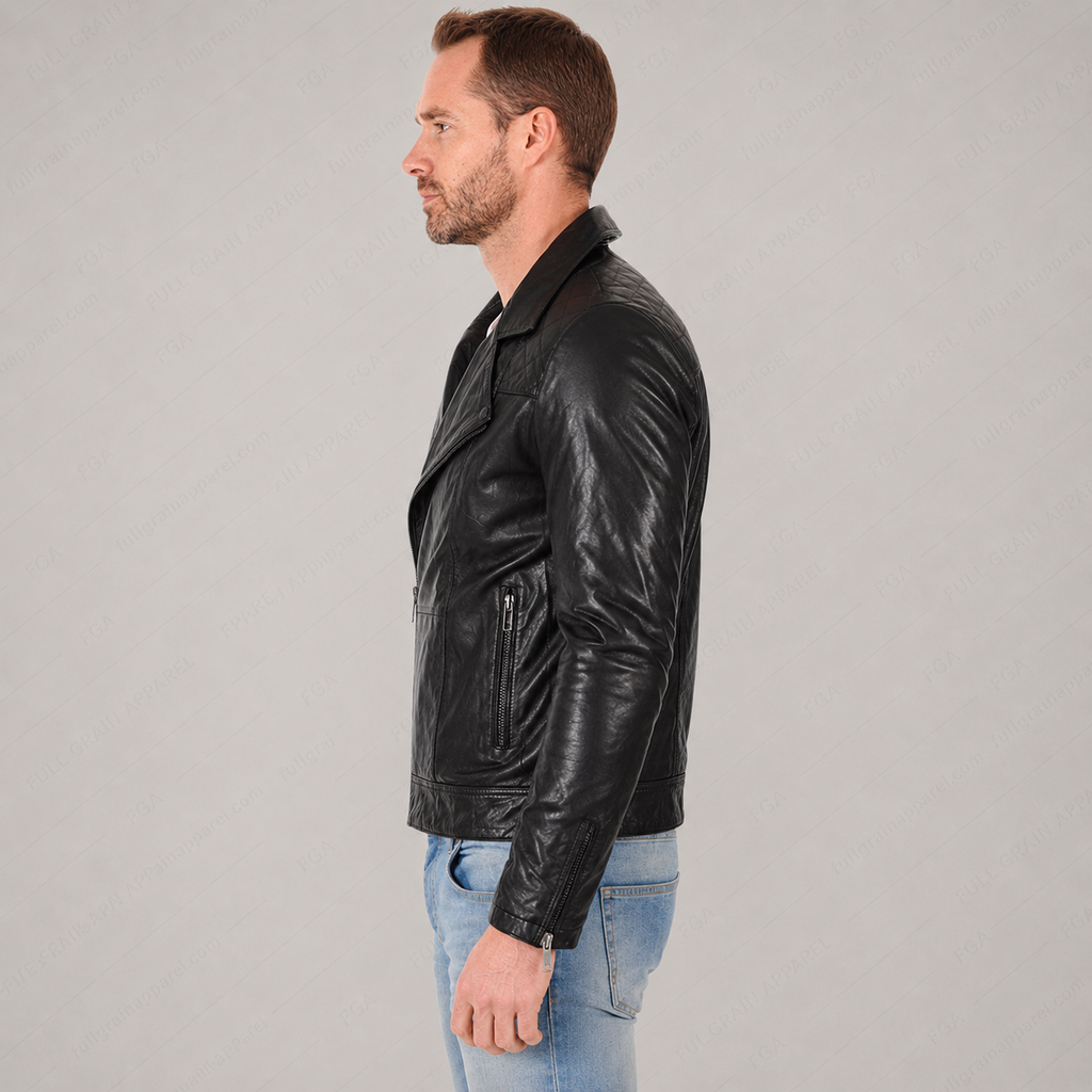Men’s Black Biker Leather Jacket Classic Moto Full Grain Apparel