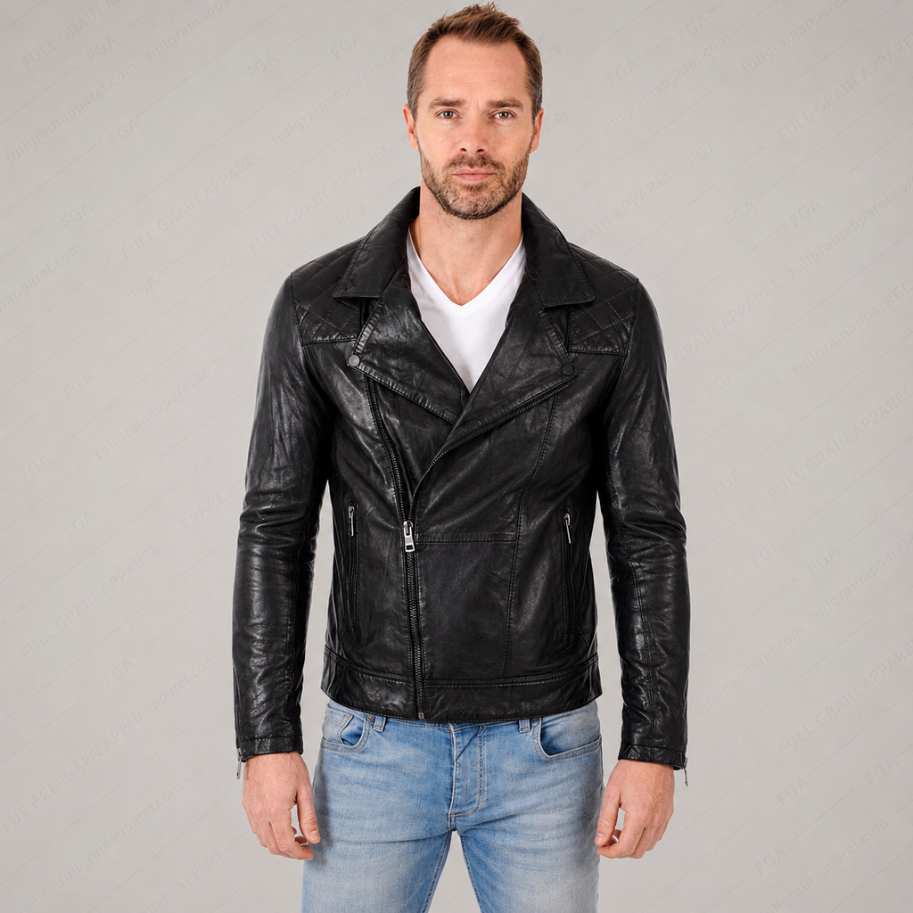 Men’s Black Biker Leather Jacket Classic Moto Full Grain Apparel