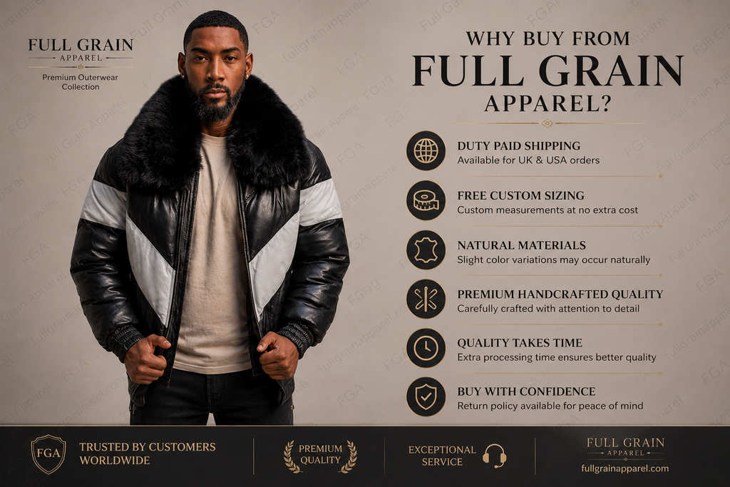 Men’s Black Fur Collar Puffer Leather Jacket Winter Bomber Full Grain Apparel