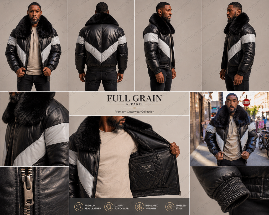 Men’s Black Fur Collar Puffer Leather Jacket Winter Bomber Full Grain Apparel