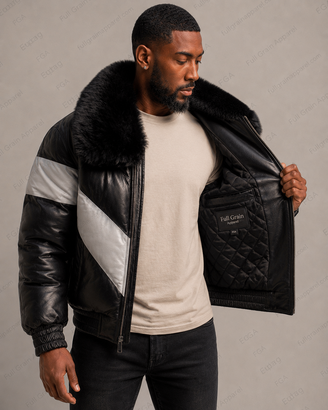 Men’s Black Fur Collar Puffer Leather Jacket Winter Bomber Full Grain Apparel