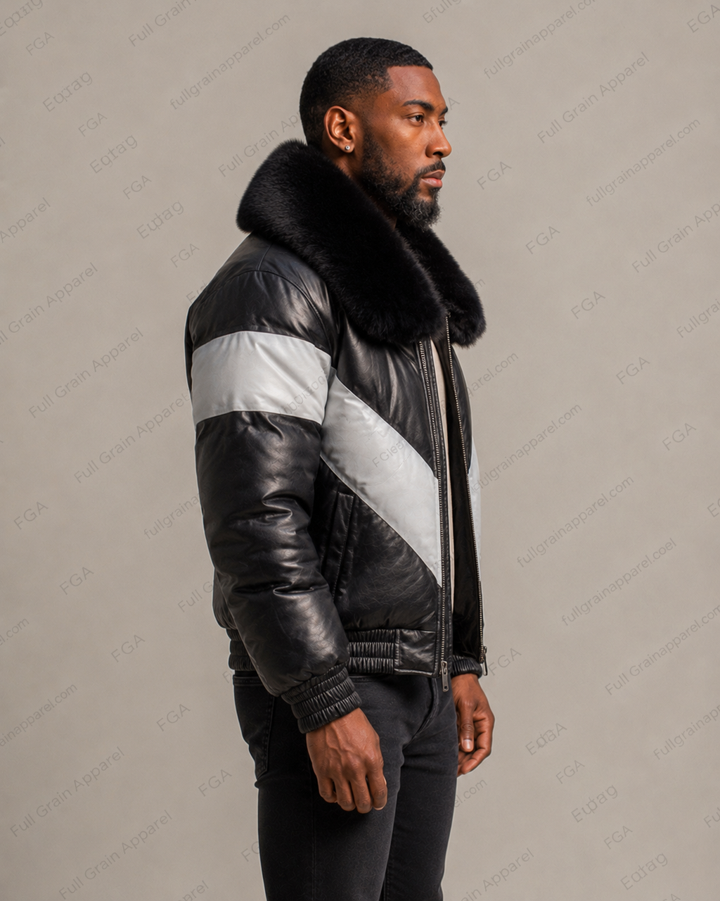 Men’s Black Fur Collar Puffer Leather Jacket Winter Bomber Full Grain Apparel